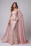Sweetheart Blush Sereia Floral com Lantejoulas Folhos Vestido de Concurso Longo com Capa