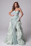 Vestido longo de concurso com cauda de espartilho verde menta, sereia transparente, lantejoulas,