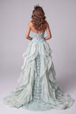 Vestido longo de concurso com cauda de espartilho verde menta, sereia transparente, lantejoulas,
