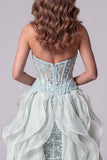 Vestido longo de concurso com cauda de espartilho verde menta, sereia transparente, lantejoulas,