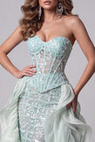 Vestido longo de concurso com cauda de espartilho verde menta, sereia transparente, lantejoulas,