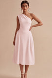 Vestido de Noivado Branco Midi de Linha A com um ombro