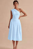 Vestido de Noivado Branco Midi de Linha A com um ombro