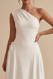 Vestido de Noivado Branco Midi de Linha A com um ombro