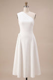 Vestido de Noivado Branco Midi de Linha A com um ombro