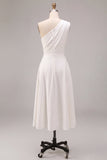Vestido de Noivado Branco Midi de Linha A com um ombro