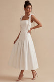 Vestido de noivado Midi branco com alças em A com laço