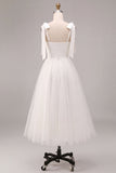 Vestido de noivado branco de decote quadrado, decote quadrado, Midi Tulle, com laço