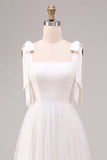 Vestido de noivado branco de decote quadrado, decote quadrado, Midi Tulle, com laço