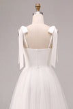 Vestido de noivado branco de decote quadrado, decote quadrado, Midi Tulle, com laço