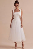 Vestido de noivado branco de decote quadrado, decote quadrado, Midi Tulle, com laço