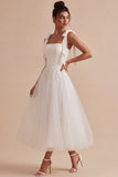 Vestido de noivado branco de decote quadrado, decote quadrado, Midi Tulle, com laço