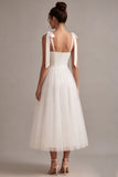 Vestido de noivado branco de decote quadrado, decote quadrado, Midi Tulle, com laço