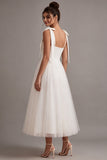 Vestido de noivado branco de decote quadrado, decote quadrado, Midi Tulle, com laço