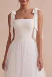Vestido de noivado branco de decote quadrado, decote quadrado, Midi Tulle, com laço