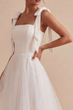 Vestido de noivado branco de decote quadrado, decote quadrado, Midi Tulle, com laço