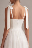 Vestido de noivado branco de decote quadrado, decote quadrado, Midi Tulle, com laço