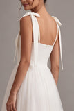 Vestido de noivado branco de decote quadrado, decote quadrado, Midi Tulle, com laço