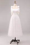 Vestido de noivado branco de decote quadrado, decote quadrado, Midi Tulle, com laço