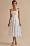 Vestido de noivado Midi A-Line com decote branco de flor branca e decote com renda