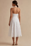 Vestido de noivado Midi A-Line com decote branco de flor branca e decote com renda