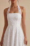 Vestido de noivado Midi A-Line com decote branco de flor branca e decote com renda