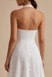 Vestido de noivado Midi A-Line com decote branco de flor branca e decote com renda
