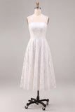 Vestido de noivado Midi A-Line com decote branco de flor branca e decote com renda