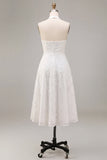 Vestido de noivado Midi A-Line com decote branco de flor branca e decote com renda