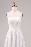 Vestido de noivado Midi A-Line com decote branco de flor branca e decote com renda