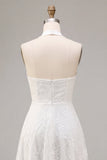 Vestido de noivado Midi A-Line com decote branco de flor branca e decote com renda
