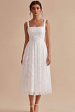 Vestido de Noivado Midi Branco Branco de Decote Quadrado