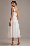 Vestido de Noivado Midi Branco Branco de Decote Quadrado