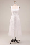 Vestido de Noivado Midi Branco Branco de Decote Quadrado