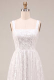 Vestido de Noivado Midi Branco Branco de Decote Quadrado