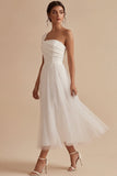 Vestido de Noivado Branco Midi de Linha A com um ombro
