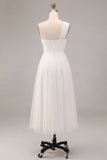 Vestido de Noivado Branco Midi de Linha A com um ombro