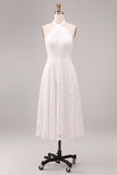 Vestido de noivado Midi branco com decote halter e renda