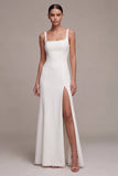 Vestido de Noivado Longo de Decote Quadrado Branco Sereia com Fenda