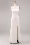 Vestido de Noivado Longo de Decote Quadrado Branco Sereia com Fenda