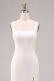 Vestido de Noivado Longo de Decote Quadrado Branco Sereia com Fenda