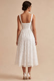Vestido de noivado Midi Midi A-Line Branco Floral Grosso de Alças