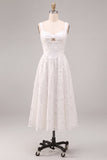 Vestido de noivado Midi Midi A-Line Branco Floral Grosso de Alças