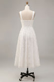 Vestido de noivado Midi Midi A-Line Branco Floral Grosso de Alças