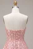 Vestido Curto de Finalistas Rosa A-Line 3D Flor Sweetheart com folhos