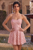 Vestido Curto de Finalistas Rosa A-Line 3D Flor Sweetheart com folhos