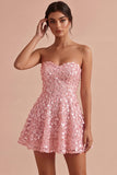 Vestido Curto de Finalistas Rosa A-Line 3D Flor Sweetheart com folhos