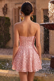 Vestido Curto de Finalistas Rosa A-Line 3D Flor Sweetheart com folhos