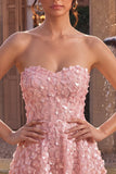 Vestido Curto de Finalistas Rosa A-Line 3D Flor Sweetheart com folhos