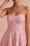 Vestido Curto de Finalistas Rosa A-Line 3D Flor Sweetheart com folhos